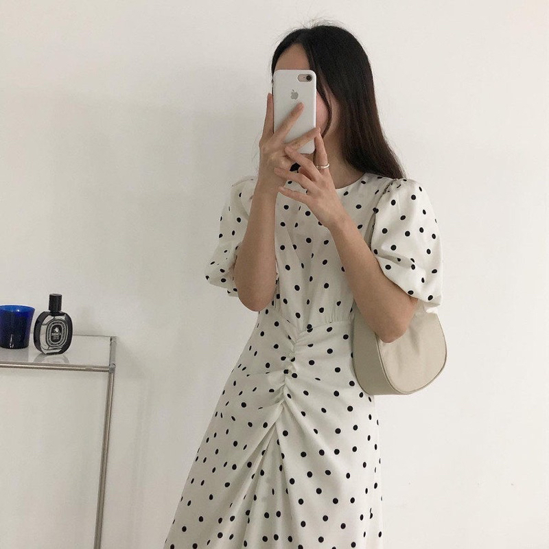 váy suông chấm bi dúm eo