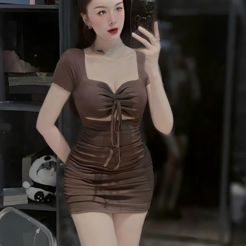 Đầm Body Tay Ngắn Bo Chun Cột Dây , Đầm Dự Tiệc Đi Chơi Phong Cách Thời Trang Quyến Rũ Cao Cấp LOTERY D012