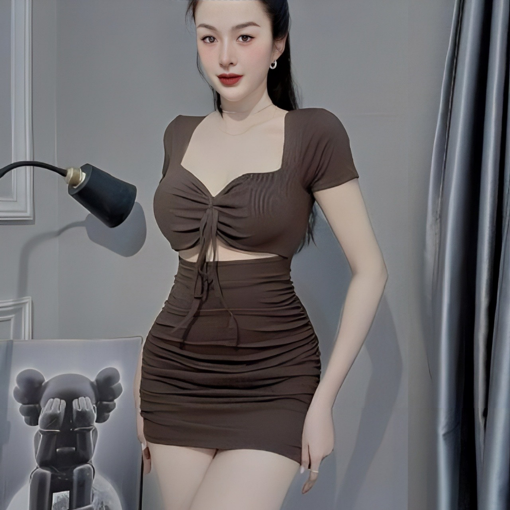 Đầm Body Tay Ngắn Bo Chun Cột Dây , Đầm Dự Tiệc Đi Chơi Phong Cách Thời Trang Quyến Rũ Cao Cấp LOTERY D012