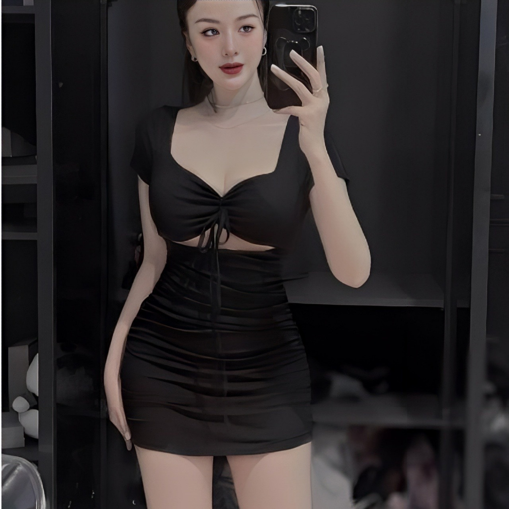 Đầm Body Tay Ngắn Bo Chun Cột Dây , Đầm Dự Tiệc Đi Chơi Phong Cách Thời Trang Quyến Rũ Cao Cấp LOTERY D012