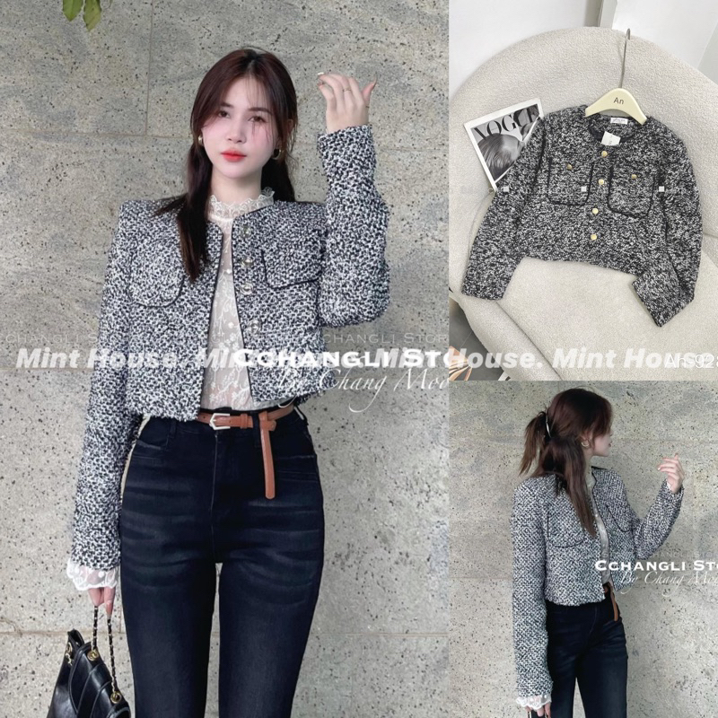ÁO KHOÁC DẠ TWEED NỈ NỮ TIÊU ĐEN CHẤT DÀY DẶN
