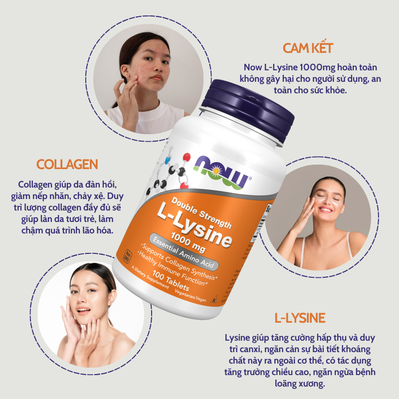 Viên uống hỗ trợ miễn dịch, tăng sinh Collagen Giúp da căng bóng Now L-Lysine 1000mg 100 viên