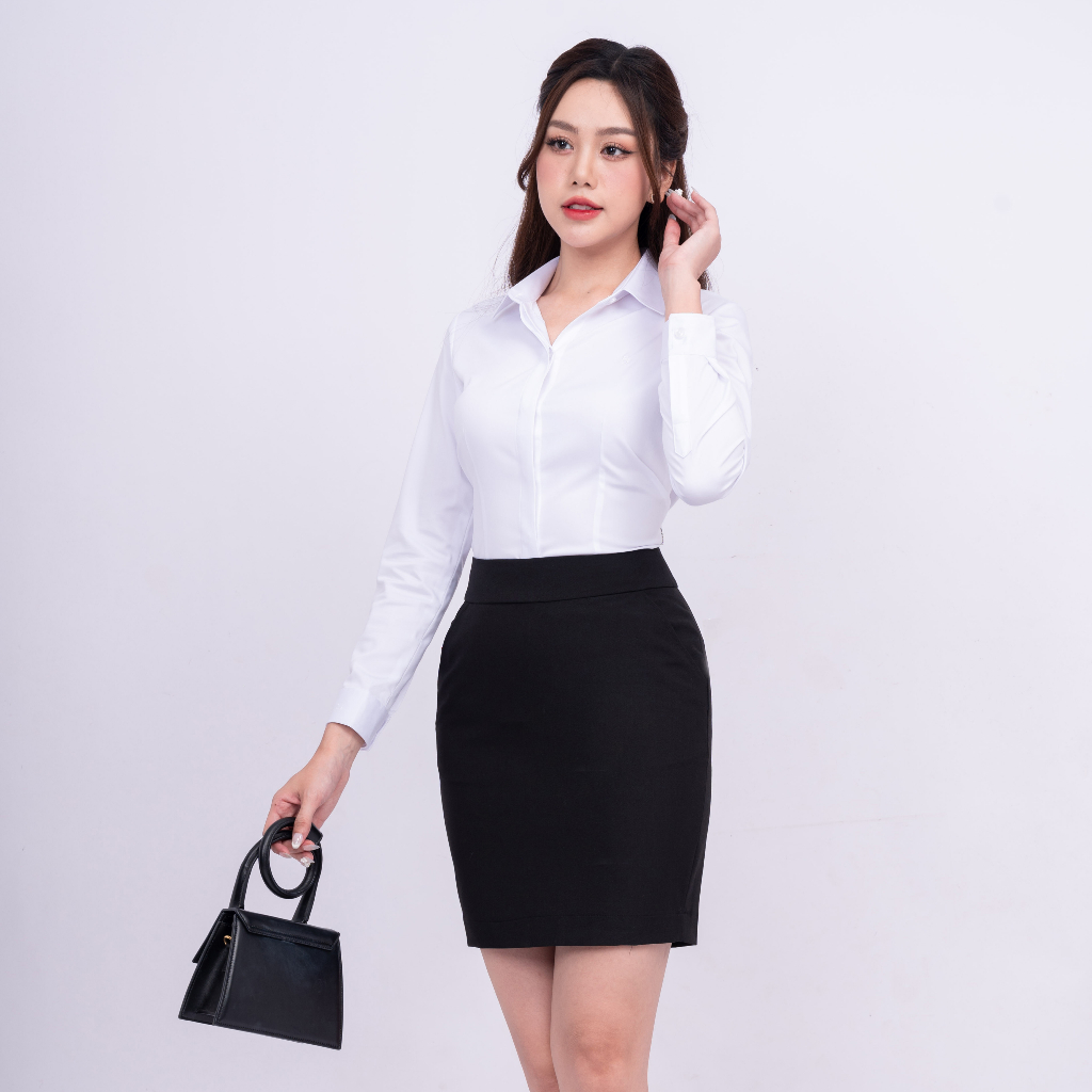 Áo sơ mi trắng nữ thiết kế công sở dài tay giấu cúc cotton phối poly cao cấp Thái Hòa 23ASW-216