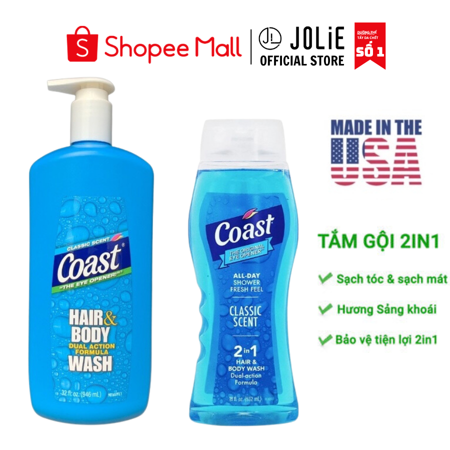 Dầu Tắm Gội Coast Mỹ 2 in 1 Coast Hair & Body Wash Classic Scent Pacific Force 532ml