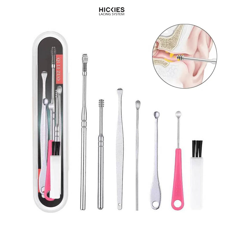 Hộp dụng cụ vệ sinh tai, lấy ráy tai hickie lacing system gồm 7 món màu bạc, bằng thép không gỉ size du lịch