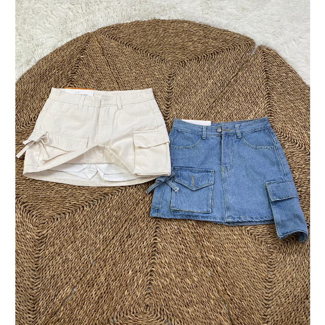 Chân váy jean túi hộp có lót quần dáng ngắn