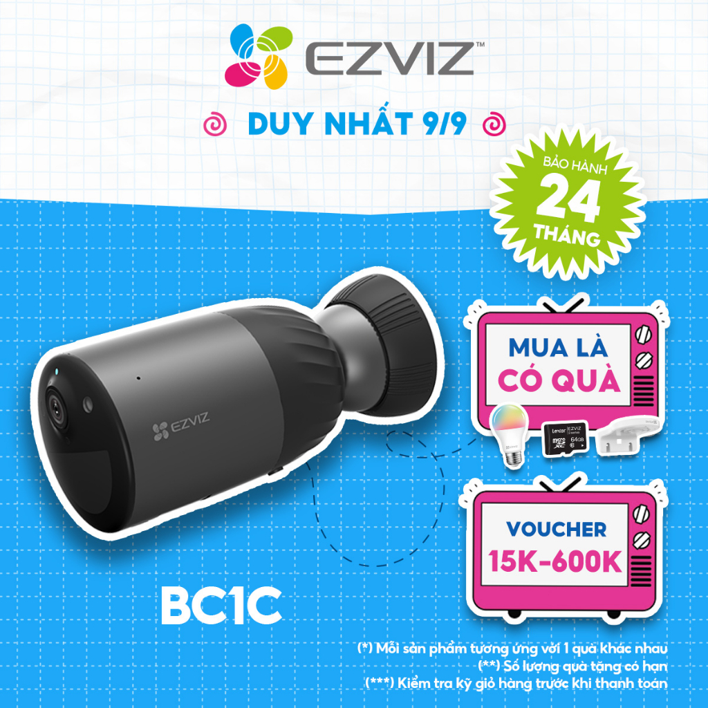 Camera Wi-Fi EZVIZ BC1C Không Dây, 1080P, Pin Sạc 7800 mAh, Bộ Nhớ Trong 32GB