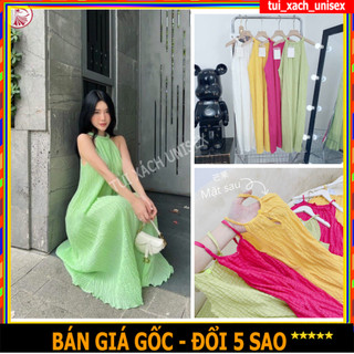 Đầm maxi cổ yếm nữ Váy đi biển chất đũi xốp nhăn thoáng mát khóc cúc giot lệ