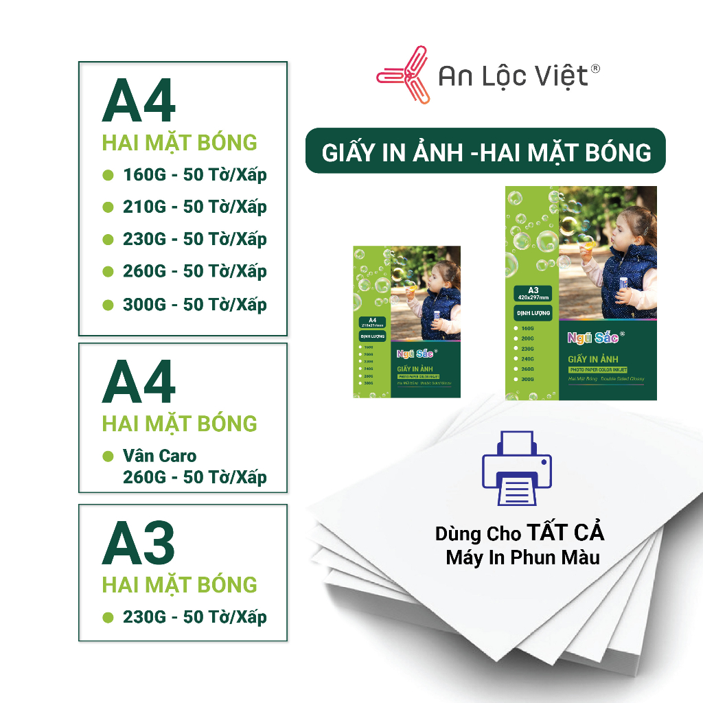 [GIẤY ẢNH CỰC HOT] Xấp = 50 Tờ Giấy In Ảnh Ngũ Sắc A4 2 mặt nhiều định lượng, giấy in ảnh A3 2 mặt ĐL 230gsm in màu đẹp