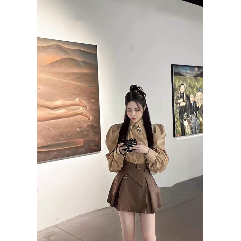 Set áo sơ mi tay dài đính tag phối chân váy xoè