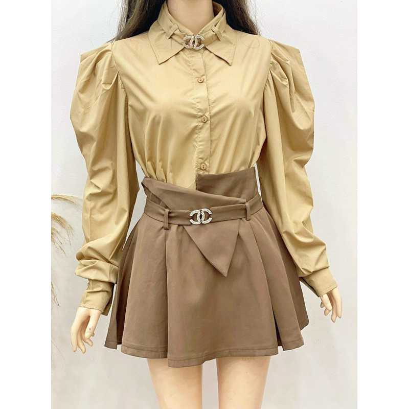Set áo sơ mi tay dài đính tag phối chân váy xoè
