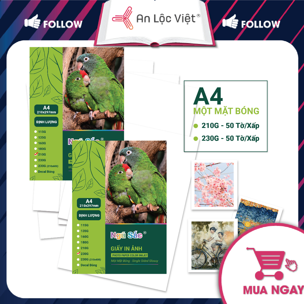 Xấp = 50 Tờ Giấy In Ảnh A4 - A3 1 Mặt Bóng ĐL 160gsm, 180gsm, 210gsm, 230gsm, 260gsm in màu đẹp
