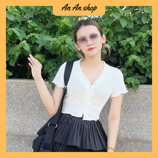 Áo thun nữ croptop cuốn biên phối khuy tay ngắn, áo thun croptop thun gân tăm mềm mịn