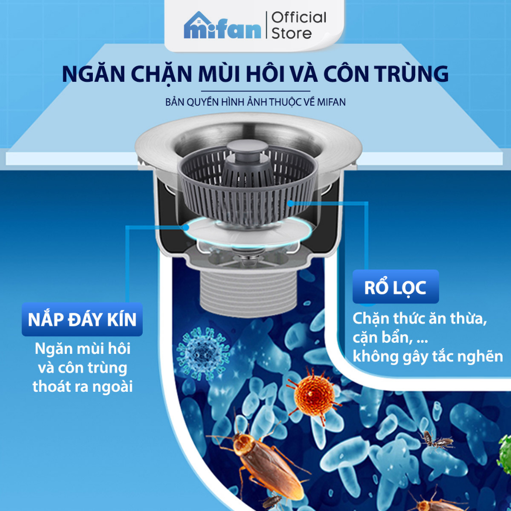 Bộ Lọc Rác Bồn Rửa Bát Inox 304 3 in 1 Mifan - Ngăn mùi hôi côn trùng, Nút chặn thoát nước, Khay giỏ lọc thức ăn thừa