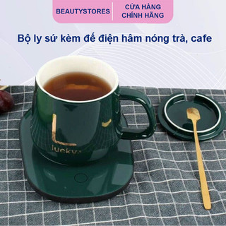 Bộ Cốc Hâm Nóng đồ uống đế điện, Bộ ly sứ hâm nóng trà, cafe, hâm sữa Tặng kèm thìa vàng, hộp sang trọng