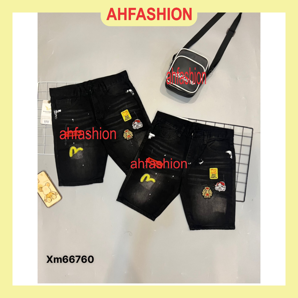 Quần short jean nam đen rách thêu logo mẫu mới vải jean dày cao cấp-AHFASHION