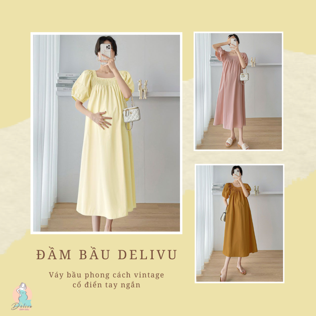 Đầm bầu, váy bầu thiết kế phong cách vintage cổ điển 3 màu Delivu