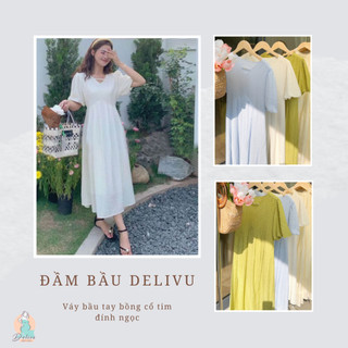 Đầm bầu, váy bầu tay bồng cổ tim đính ngọc thanh lịch đi chơi đi làm Delivu