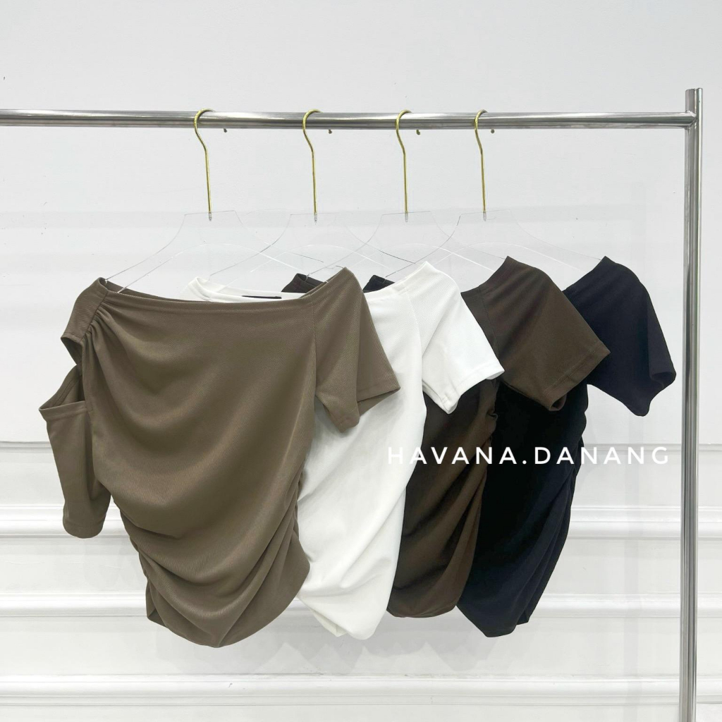 Áo thun Havana kiểu một bên vai nhíu sườn, áo thun kiểu khoét vai  HE366