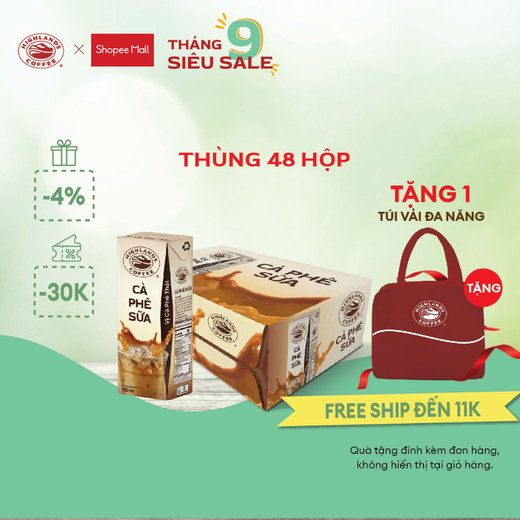 DUY NHẤT 9.9 - MUA 1 TẶNG 1 - Thùng 48 hộp Cà phê Sữa Highlands Coffee Tetra (180ml /hộp) Tặng 1 túi vải 209K