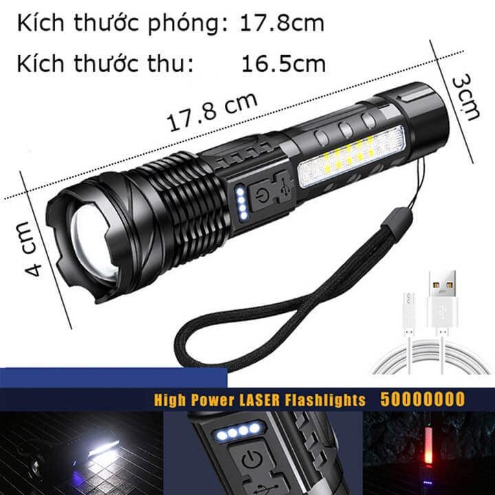 Đèn pin Corisu A76 siêu sáng chiếu xa 300m có Zoom xa gần, chống nước IPX4, pin trâu 7 chế độ sáng.
