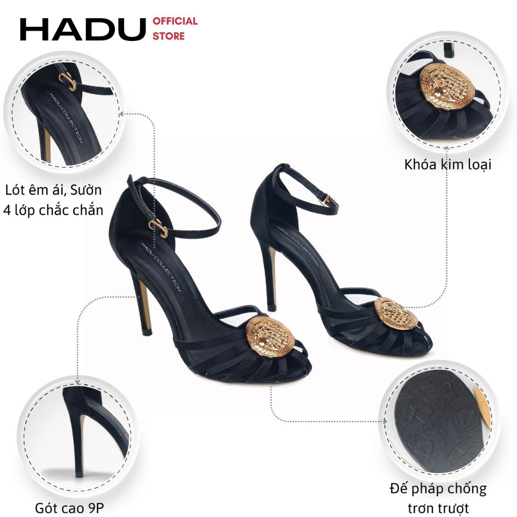 Giày Sandal Cao Gót Quai Rọ 9p Muzzle HADU M943, Chất Lụa Satin Tơ Tằm, Bảo Hành 24T