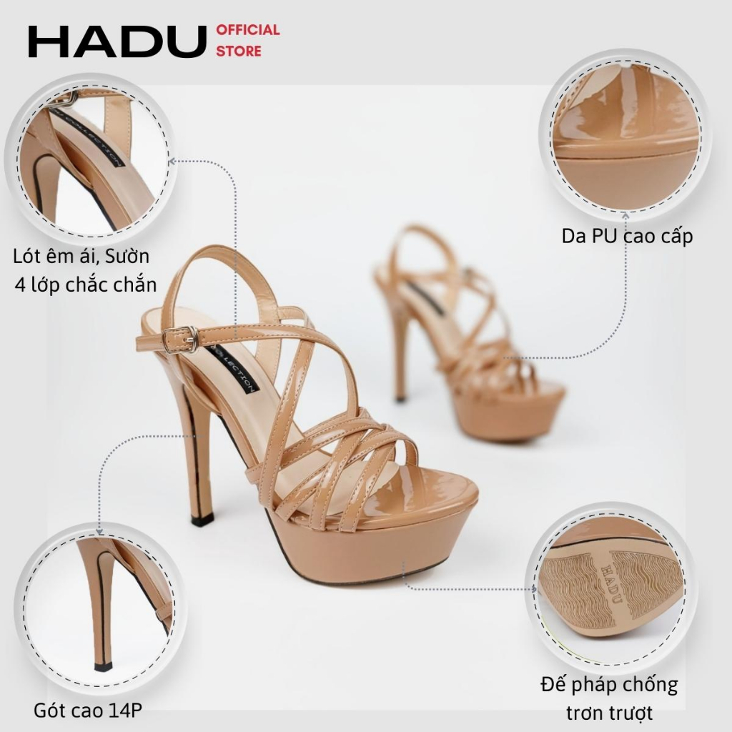 Giày Sandal Catwalk Cao Gót Hoa Hậu HADU G141 Da Bóng Gót Nhọn 14P Đế Đúp, BH 24 Tháng