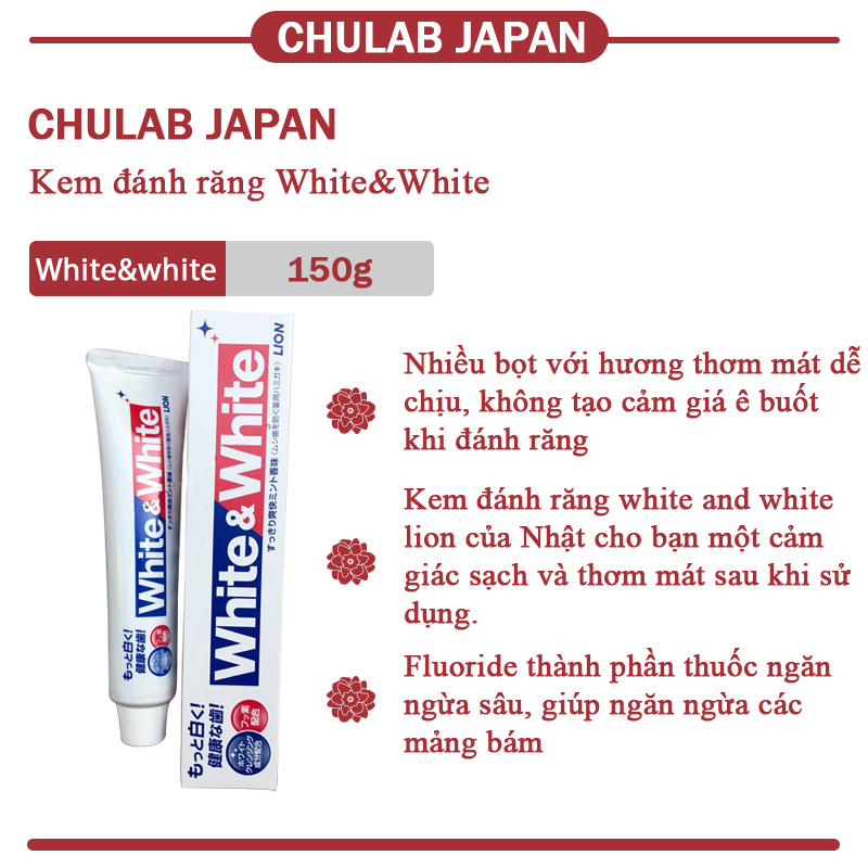Kem Đánh Răng White & White Lion Làm Trắng Răng , Hơi Thở Thơm Mát 150g Nhật Bản Chulab Official