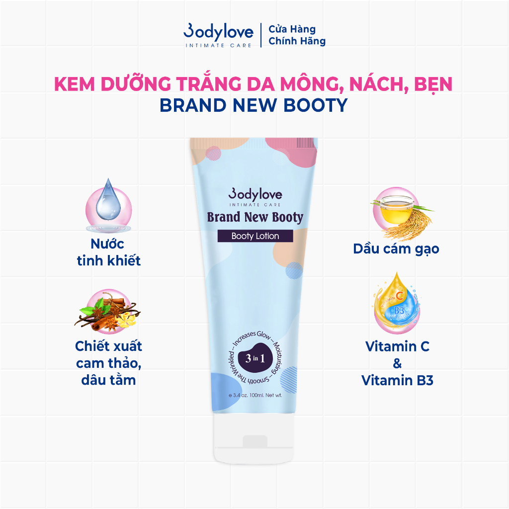 COMBO 1 hũ tẩy tế bào chết + 1 kem dưỡng trắng da mờ thâm mông, nách, bẹn, đầu gối BODYLOVE Brand New Booty lotion