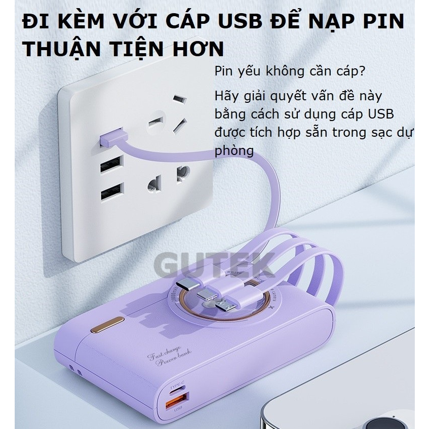 Sạc dự phòng 10000mAh 20000mAh Gutek YM741 dung lượng pin lớn tích hợp dây sạc nhanh cho nhiều thiết bị điện thoại