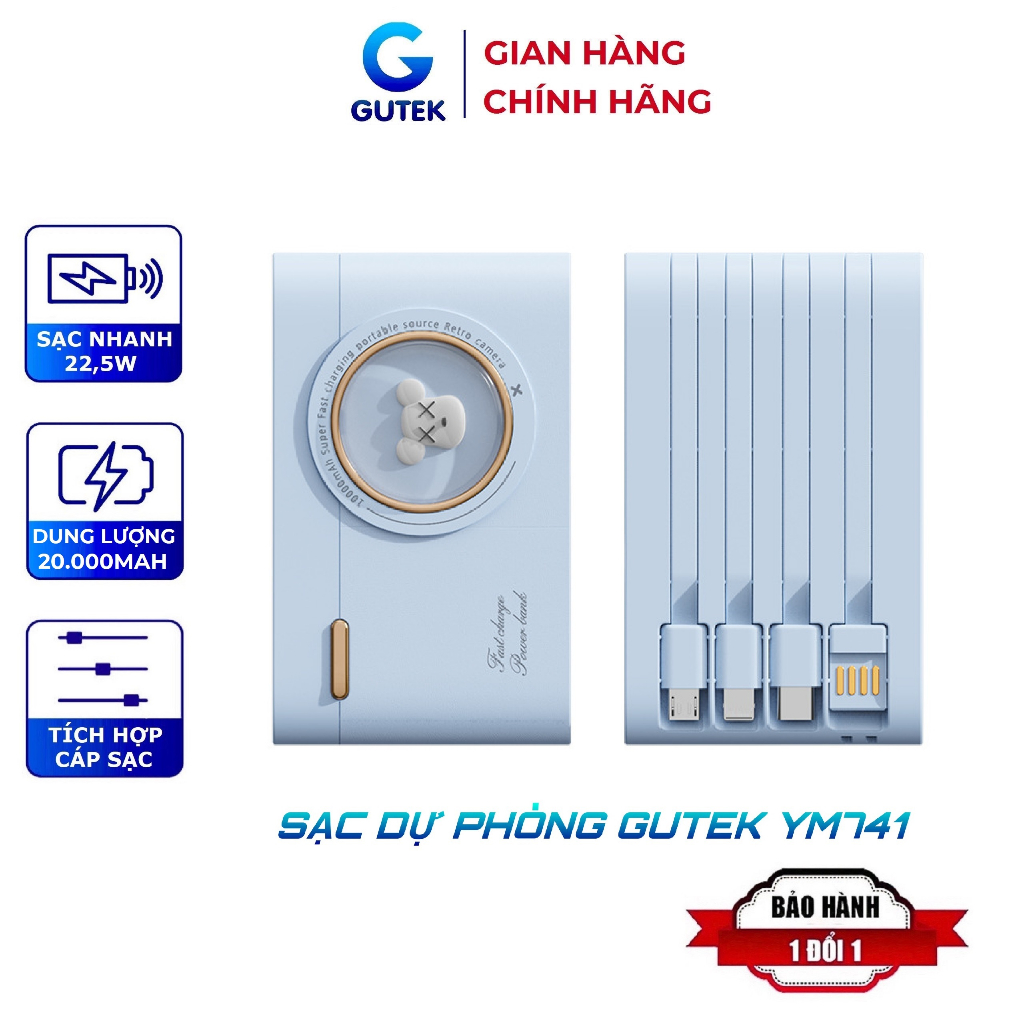 Sạc dự phòng 10000mAh 20000mAh Gutek YM741 dung lượng pin lớn tích hợp dây sạc nhanh cho nhiều thiết bị điện thoại