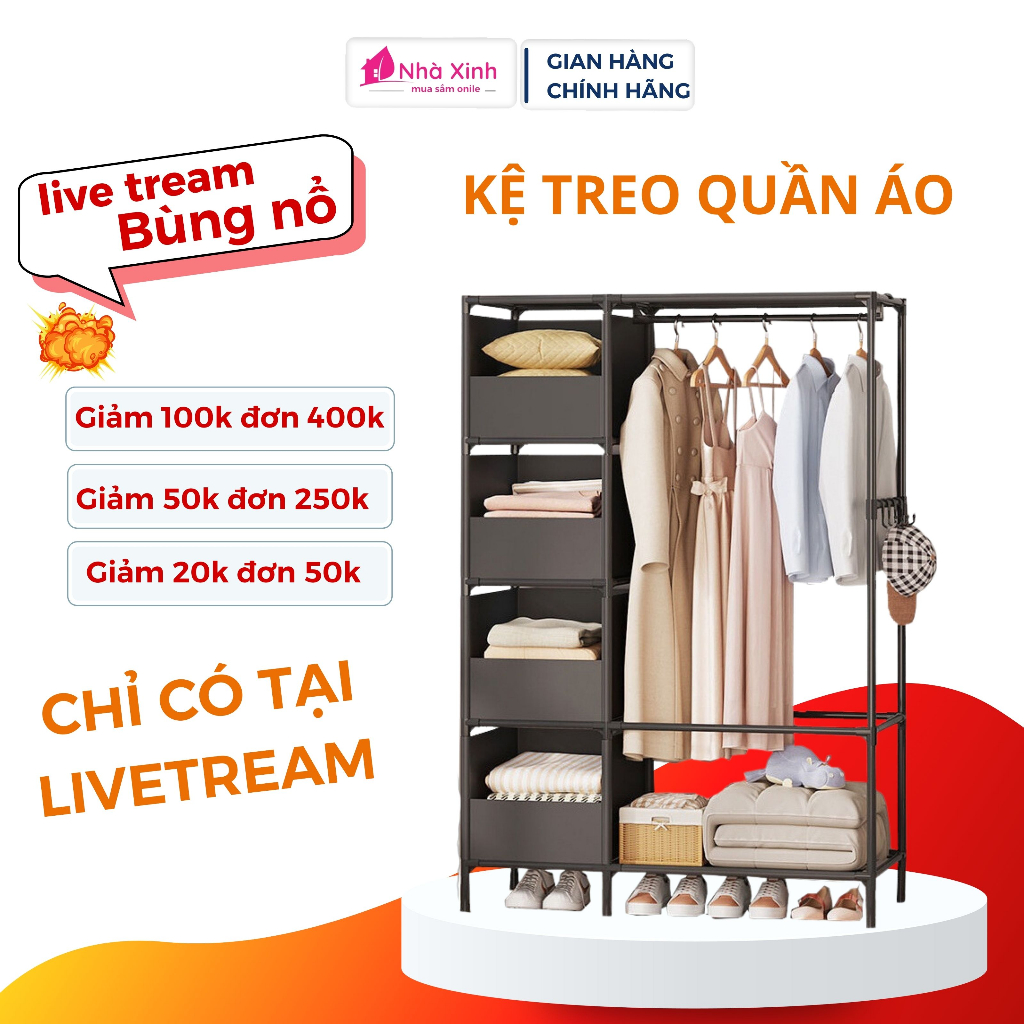 Giá treo quần áo, kệ treo quần áo đa năng bằng kim loại nắp ráp dễ dàng treo đồ thông minh tặng kèm 3 móc treo mũ
