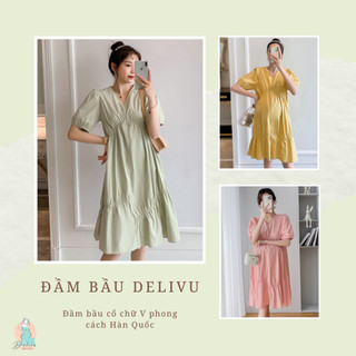 Đầm bầu, váy bầu thiết kế cổ chữ phong cách Hàn Quốc nhẹ nhàng 4 màu Delivu