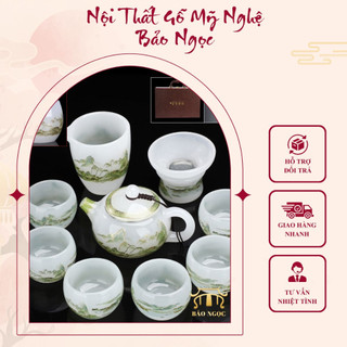 Bộ ấm chén trà bằng ngọc màu trắng đục họa tiết sơn thủy trang trí phòng khách sang trọng
