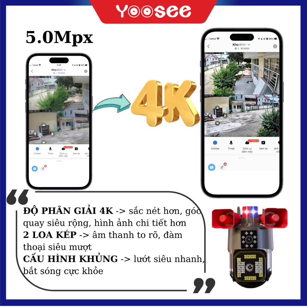 Camera yoosee ngoài trời 2 mắt 2 loa 4k, siêu chống nước, phiên bản loa nâng cấp