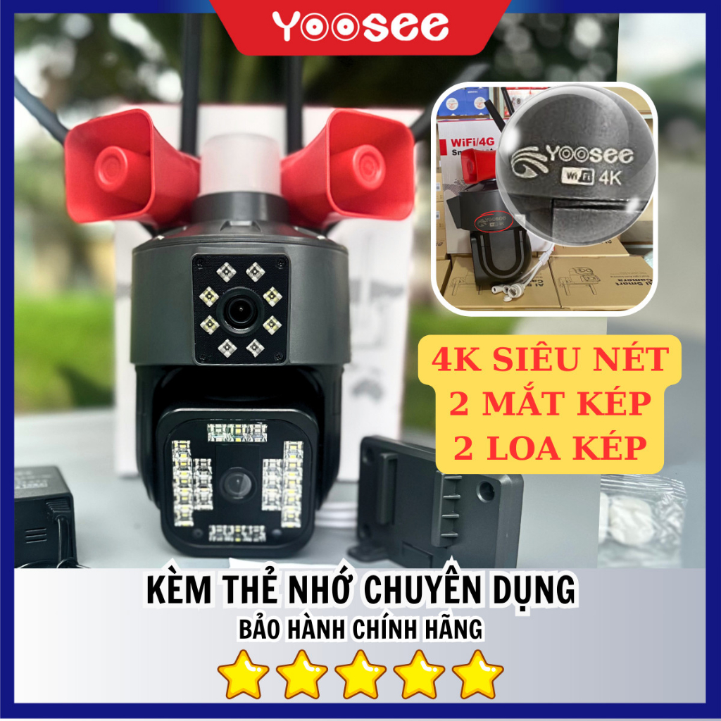 Camera yoosee ngoài trời 2 mắt 2 loa 4k, siêu chống nước, phiên bản loa nâng cấp