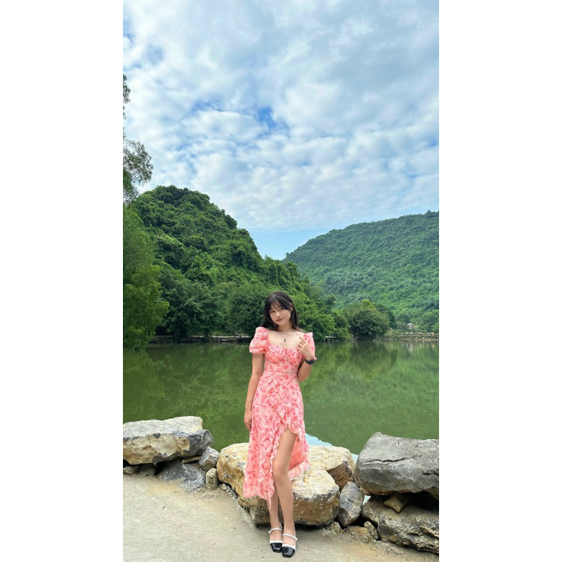 Stevia.studio - Váy midi voan hoa hồng xẻ - 3 size Xs, S, M