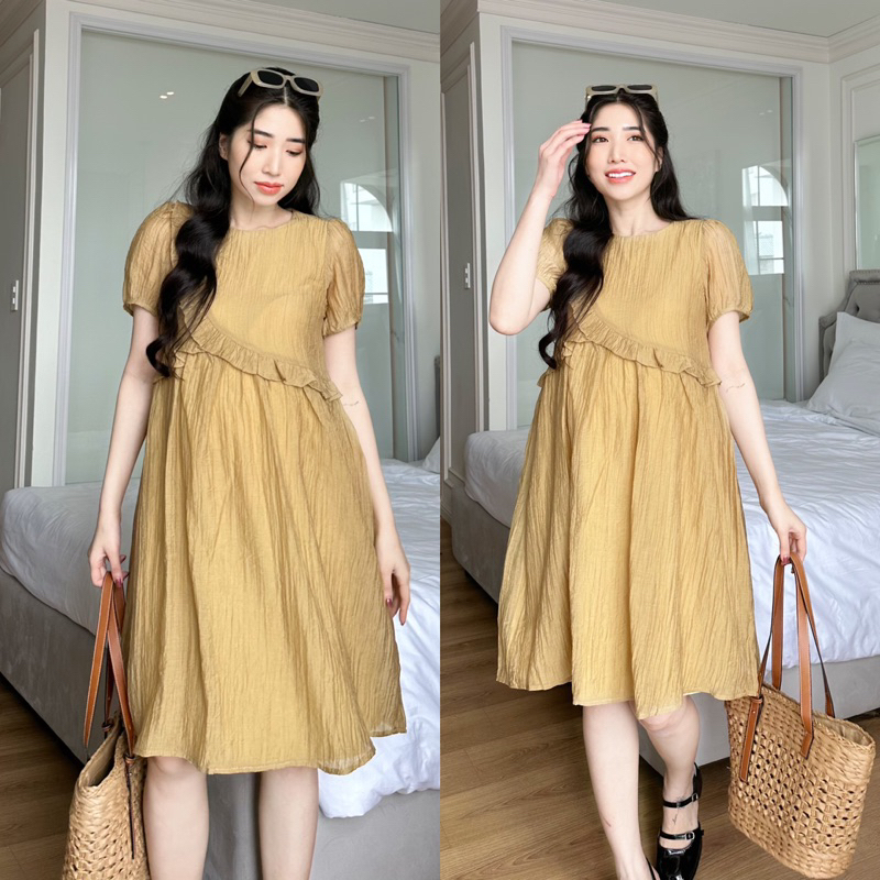 EVERMOM | Đầm bầu tay xếp phồng dáng babydoll vải tơ siêu mềm mát