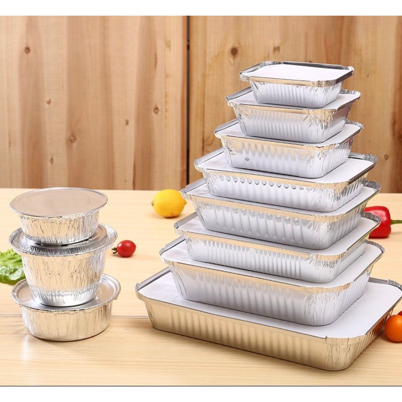 Combo 50 cái khay nhôm đựng thực phẩm kèm nắp tráng nhôm ĐỦ KÍCH THƯỚC