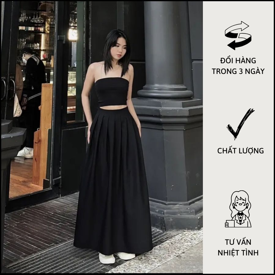 Chân Váy Xoè Xếp Ly Có Túi Màu Đen Thanh Lịch - MV0818