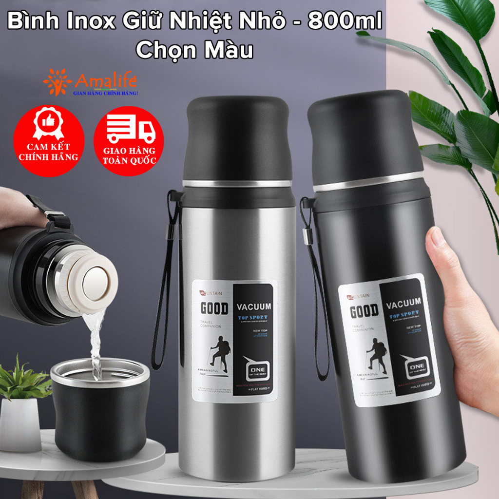 [800ml] Bình Inox Giữ Nhiệt Nóng Lạnh Nhỏ 800ml Có Nút Nhấn Uống Luôn Có Cốc, Quai Tiện Dụng Chọn Màu Chính Hãng Amalife