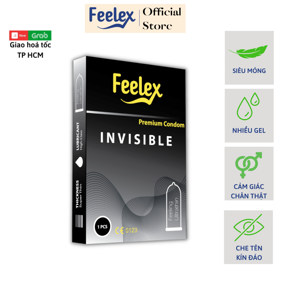 Bao cao su Feelex Invisible siêu mỏng, nhiều gel bôi trơn - Hộp 01 chiếc