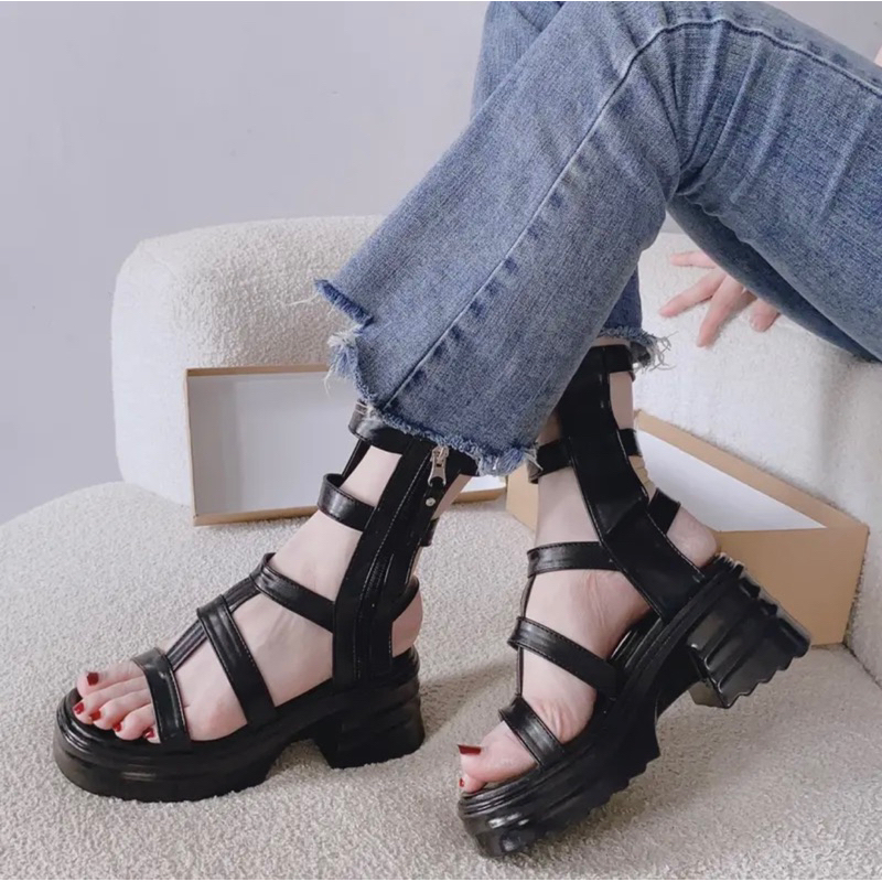 Sandal nữ chiến binh đế cao 5cm, Giày sandal khoá kéo sau đế bánh mì dây Hàn Quốc HÀNG LOẠI 1 sịn fullbox