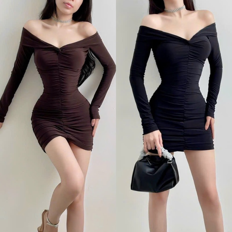 Đầm Body Trễ Vai Tay Dài Chất Dẻo Uni Sịn Dáng Ngắn Nhún Thân