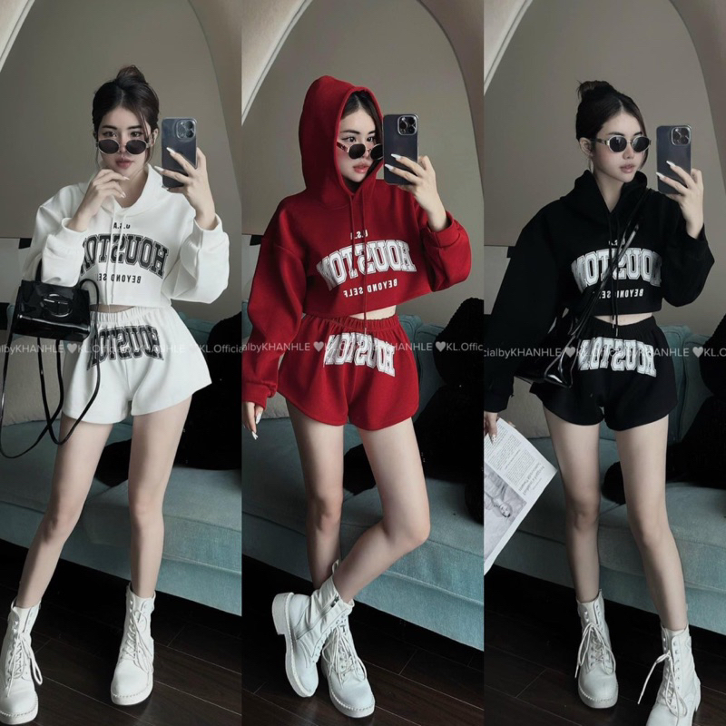 Set áo croptop hoodie nón kèm quần shorts chữ viền xám thể thao (về thêm trắng, đen, đỏ)