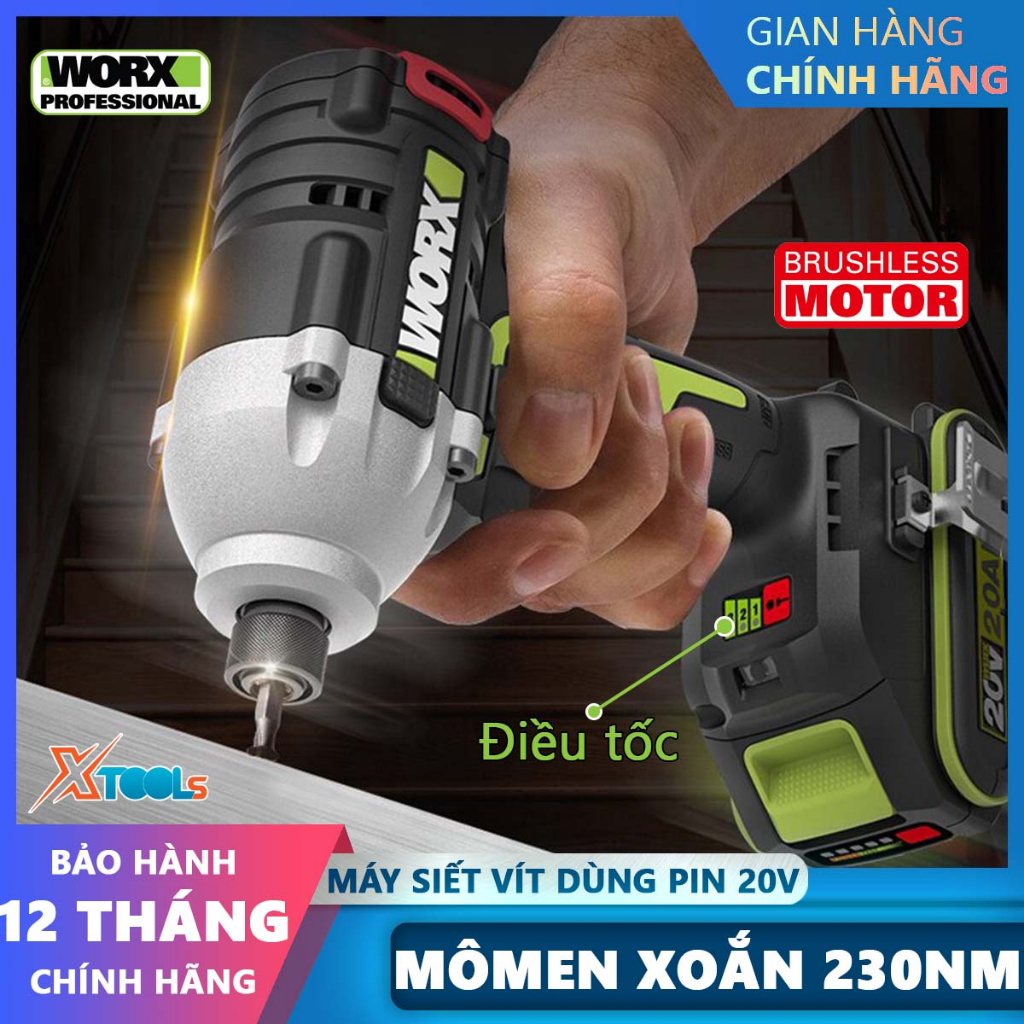 Máy bắn vít mini dùng pin 20V WORX WU290D máy siết vít không chổi than đầu lục giác 1/4" moomen xoắn 230Nm -chính hãng-