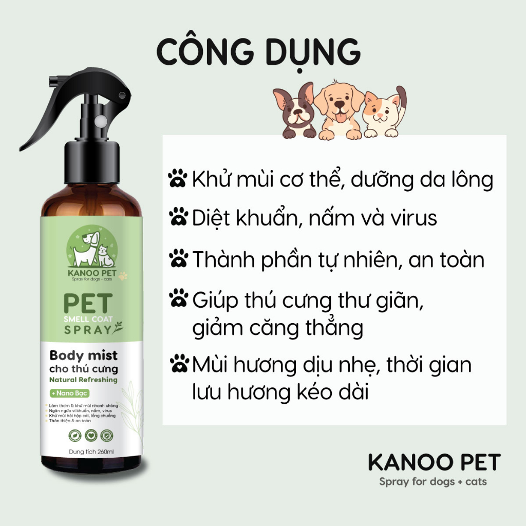 Bodymist xịt thơm khử mùi cho chó mèo KANOO PET 260ml dưỡng da lông, thơm lâu hương nước hoa, khử khuẩn, an toàn