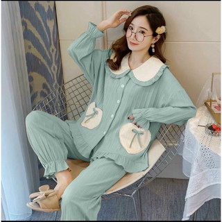 Bộ bầu dài tay mặc nhà kết hợp sau sinh hình nơ B02
