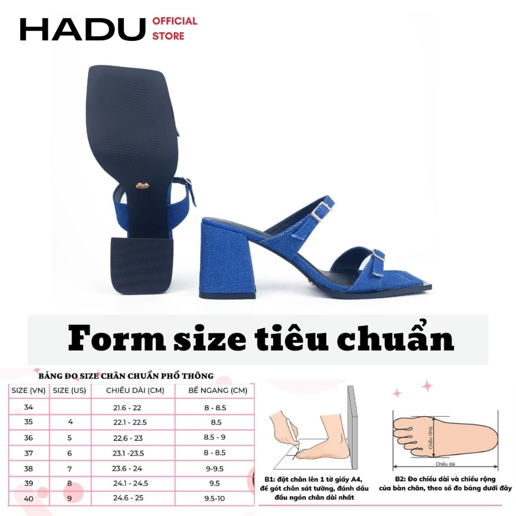 Guốc Gót Vuông 5p MIPIAS HADU HCD004, 2 Quai Ngang Khóa Nhỏ, Bảo Hành 24T