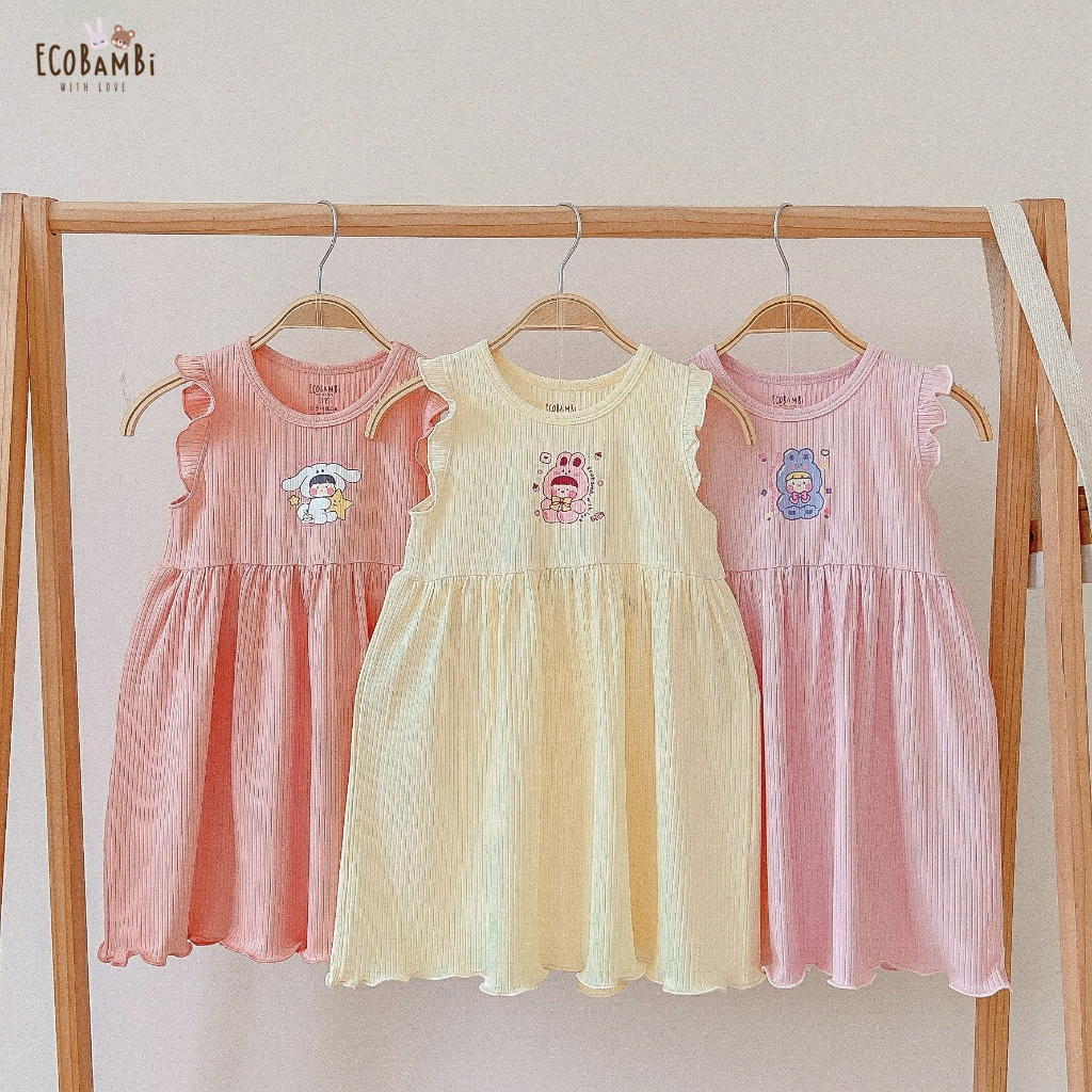 Đầm xoè cotton thun rib tay cánh tiên cho bé gái in họa tiết đáng yêu - ECOBAMBI